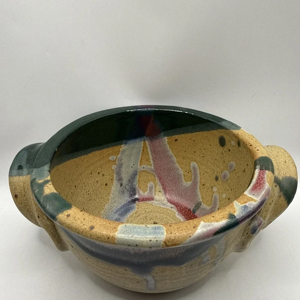 Ayers Pottery  Bread Baker Drip Glaze Handles Artist Signed 2013 4x7